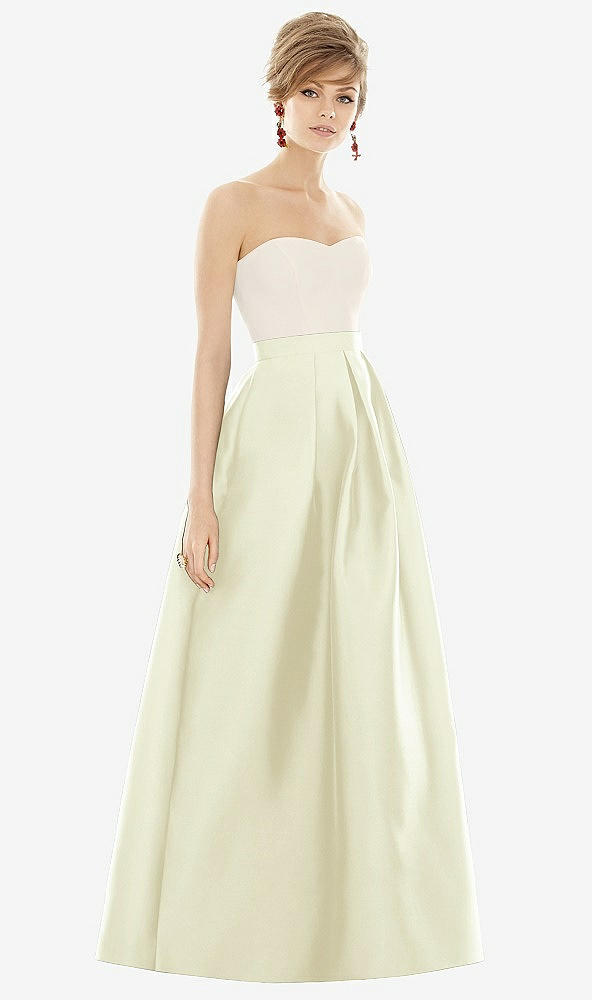 Front View - Butter Yellow & Ivory Strapless Pleated Skirt Maxi Dress with Pockets