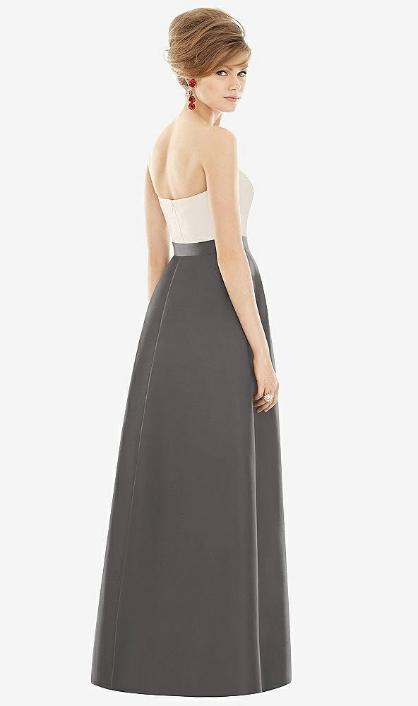 Back View - Caviar Gray & Ivory Strapless Pleated Skirt Maxi Dress with Pockets