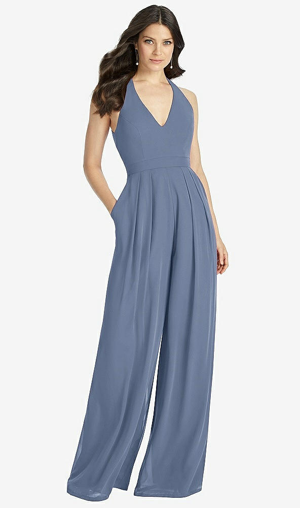 Front View - Larkspur Blue V-Neck Backless Pleated Front Jumpsuit