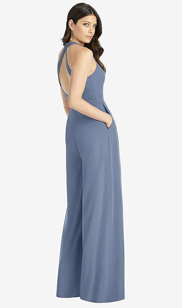 Back View - Larkspur Blue V-Neck Backless Pleated Front Jumpsuit