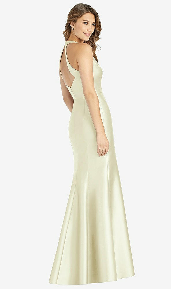 Back View - Butter Yellow V-Neck Halter Satin Trumpet Gown