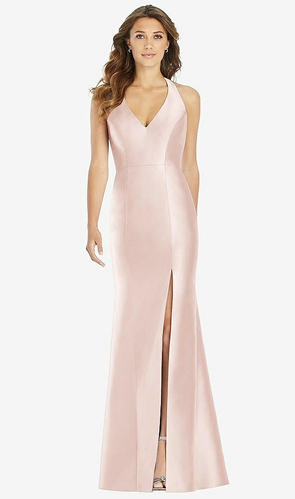 Front View - Blush V-Neck Halter Satin Trumpet Gown