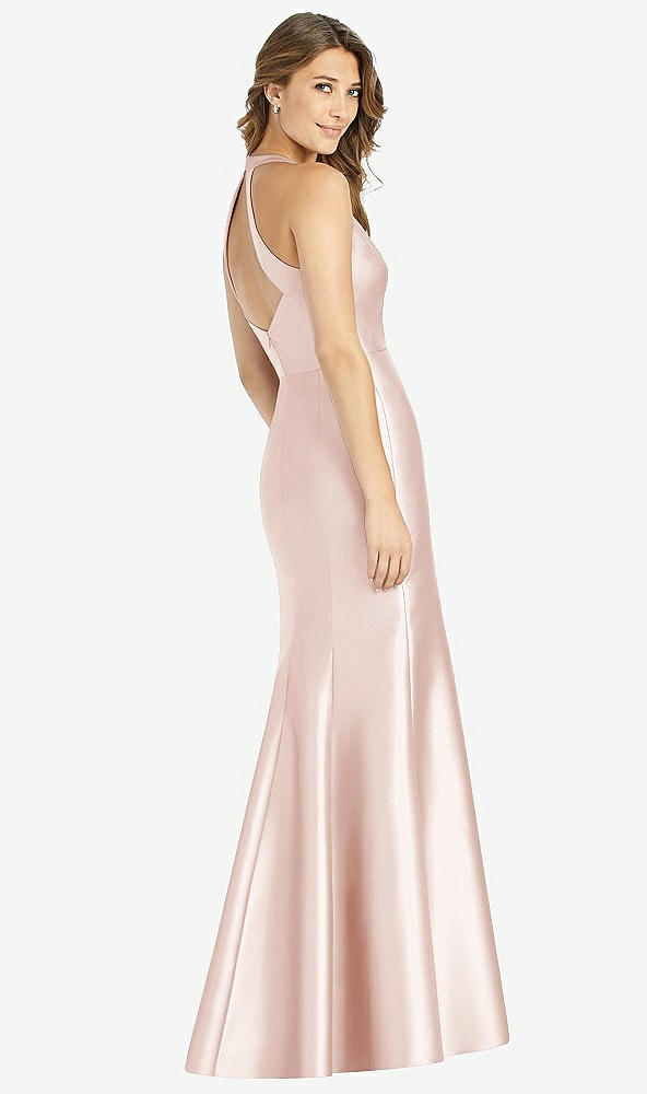 Back View - Blush V-Neck Halter Satin Trumpet Gown