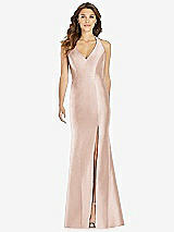 Front View Thumbnail - Cameo V-Neck Halter Satin Trumpet Gown