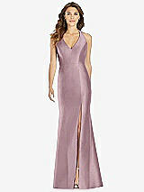 Front View Thumbnail - Dusty Rose V-Neck Halter Satin Trumpet Gown