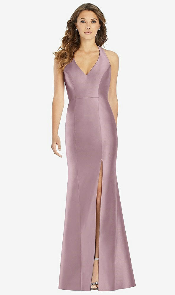 Front View - Dusty Rose V-Neck Halter Satin Trumpet Gown