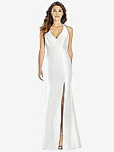 Front View Thumbnail - White V-Neck Halter Satin Trumpet Gown