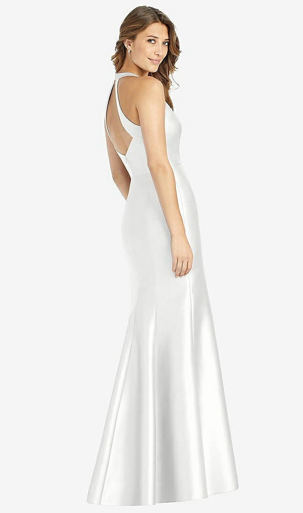 Back View - White V-Neck Halter Satin Trumpet Gown