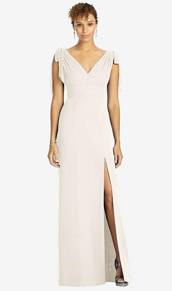Front View - Ivory Bow-Shoulder Sleeveless Deep V-Back Mermaid Dress