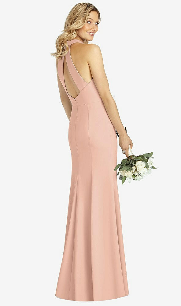 Back View - Pale Peach High-Neck Cutout Halter Trumpet Gown