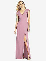 Front View Thumbnail - Dusty Pink Ruffled Sleeve Mermaid Dress with Front Slit