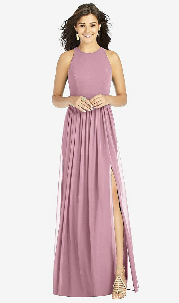 Front View - Dusty Pink Shirred Skirt Jewel Neck Halter Dress with Front Slit