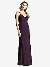 Rear View Thumbnail - Aubergine Shirred Sash Cowl-Back Chiffon Trumpet Gown