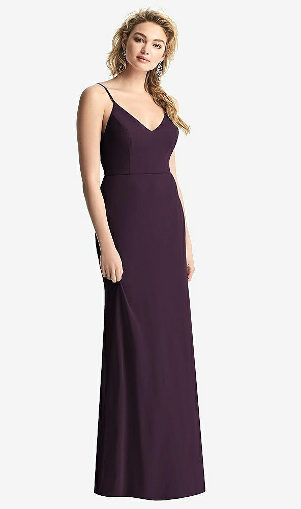 Back View - Aubergine Shirred Sash Cowl-Back Chiffon Trumpet Gown