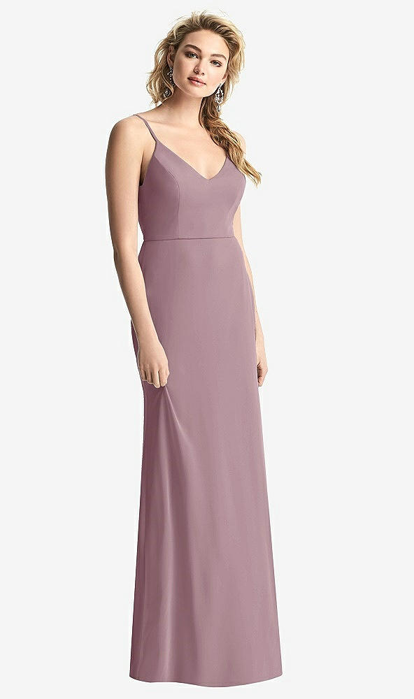 Back View - Dusty Rose Shirred Sash Cowl-Back Chiffon Trumpet Gown