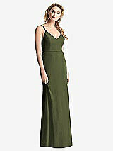 Rear View Thumbnail - Olive Green Shirred Sash Cowl-Back Chiffon Trumpet Gown