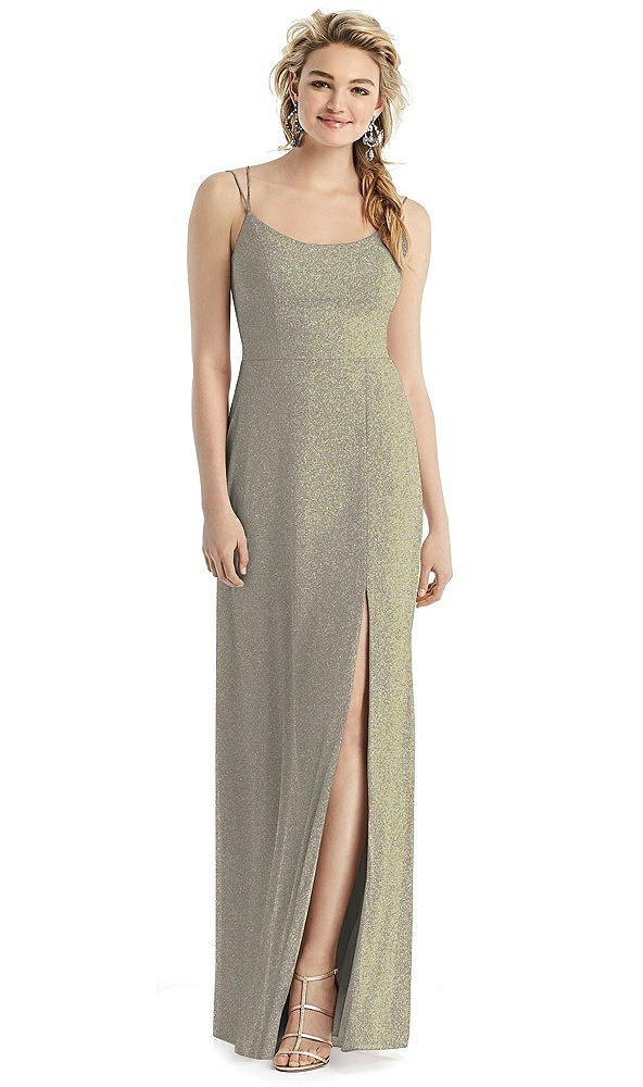 Front View - Mocha Gold Shimmer Side Slit Cowl-Back Gown