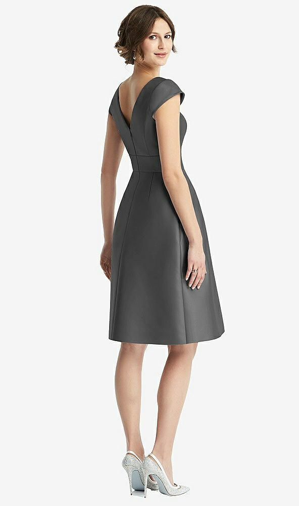 Back View - Pewter Cap Sleeve Pleated Cocktail Dress with Pockets