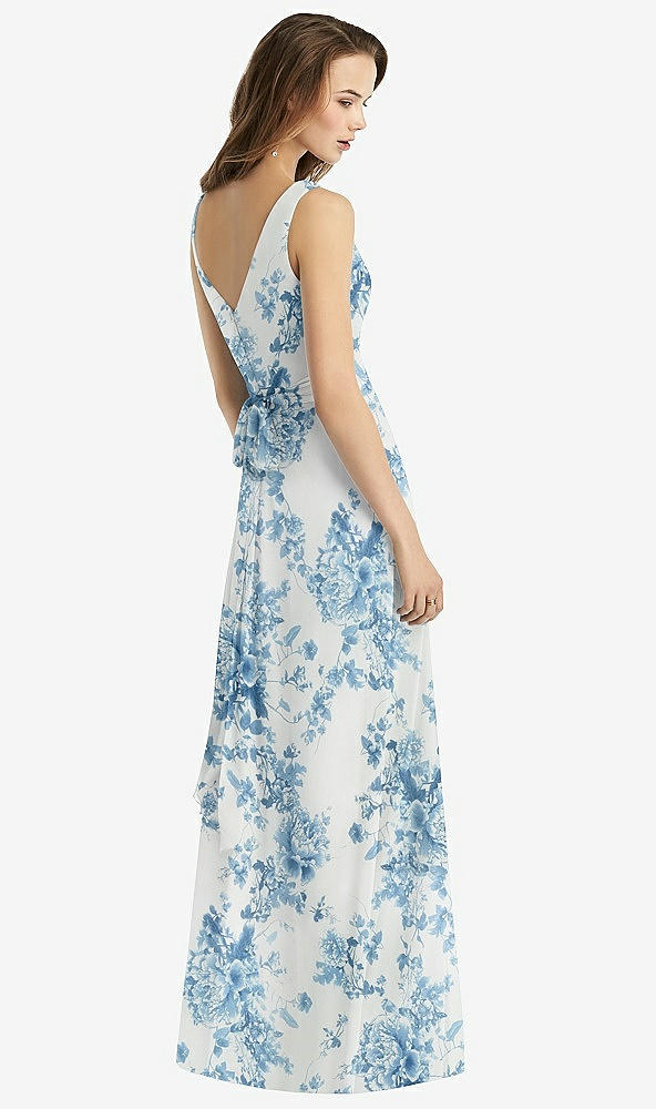 Back View - Cottage Rose Dusk Blue Sleeveless V-Neck Chiffon Wrap Dress