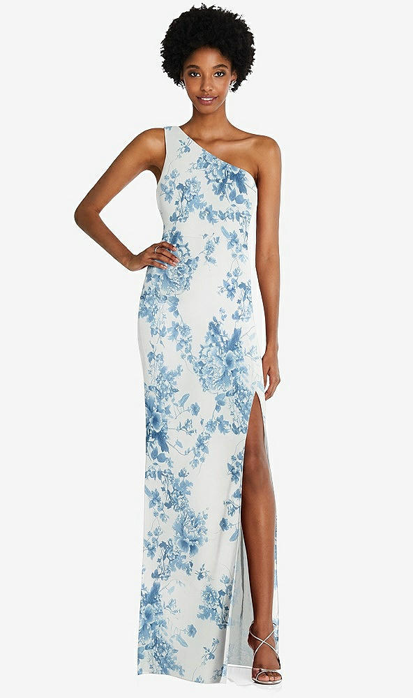 Front View - Cottage Rose Dusk Blue One-Shoulder Chiffon Trumpet Gown