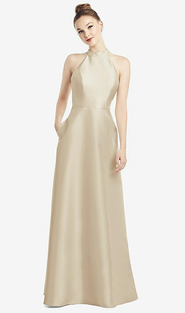 Back View - Champagne High-Neck Cutout Satin Dress with Pockets