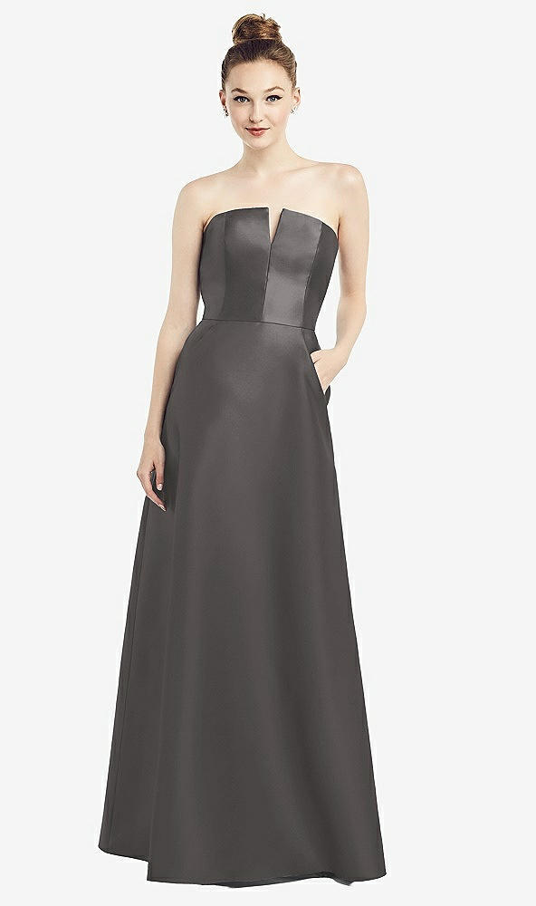 Front View - Caviar Gray Strapless Notch Satin Gown with Pockets