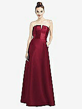 Front View Thumbnail - Burgundy Strapless Notch Satin Gown with Pockets