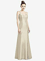 Rear View Thumbnail - Champagne Open-Back Bow Tie Satin Trumpet Gown