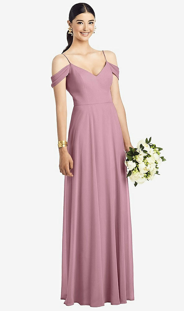 Front View - Dusty Pink Cold-Shoulder V-Back Chiffon Maxi Dress