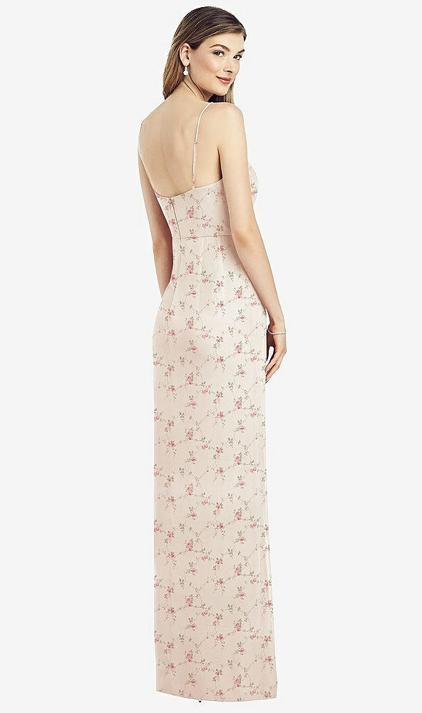 Back View - Coquette Floral Print Spaghetti Strap Draped Skirt Gown with Front Slit