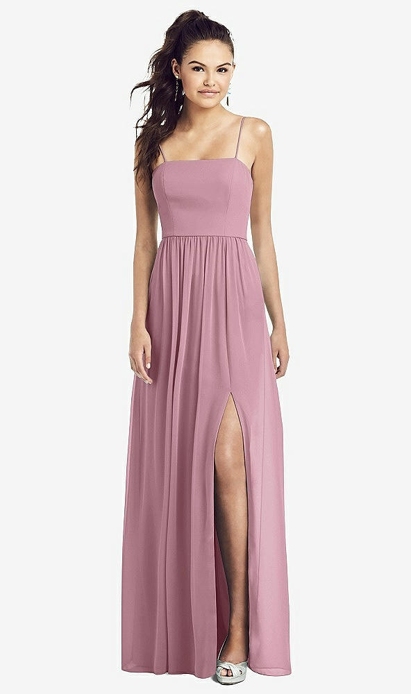 Front View - Dusty Pink Slim Spaghetti Strap Chiffon Dress with Front Slit 