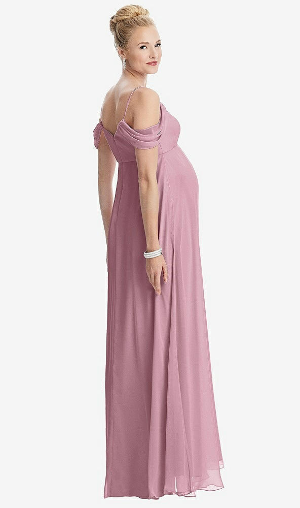 Back View - Dusty Pink Draped Cold-Shoulder Chiffon Maternity Dress