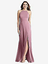 Front View Thumbnail - Dusty Pink High Neck Chiffon Maxi Dress with Front Slit - Lela