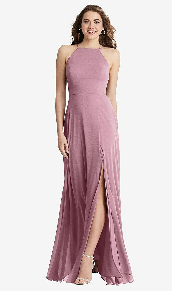 Front View - Dusty Pink High Neck Chiffon Maxi Dress with Front Slit - Lela