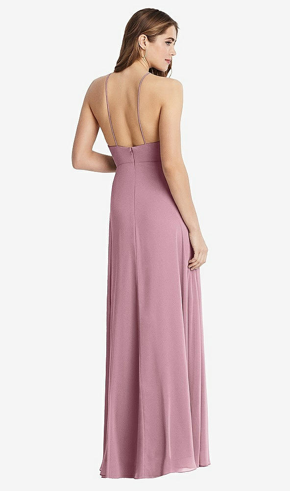 Back View - Dusty Pink High Neck Chiffon Maxi Dress with Front Slit - Lela