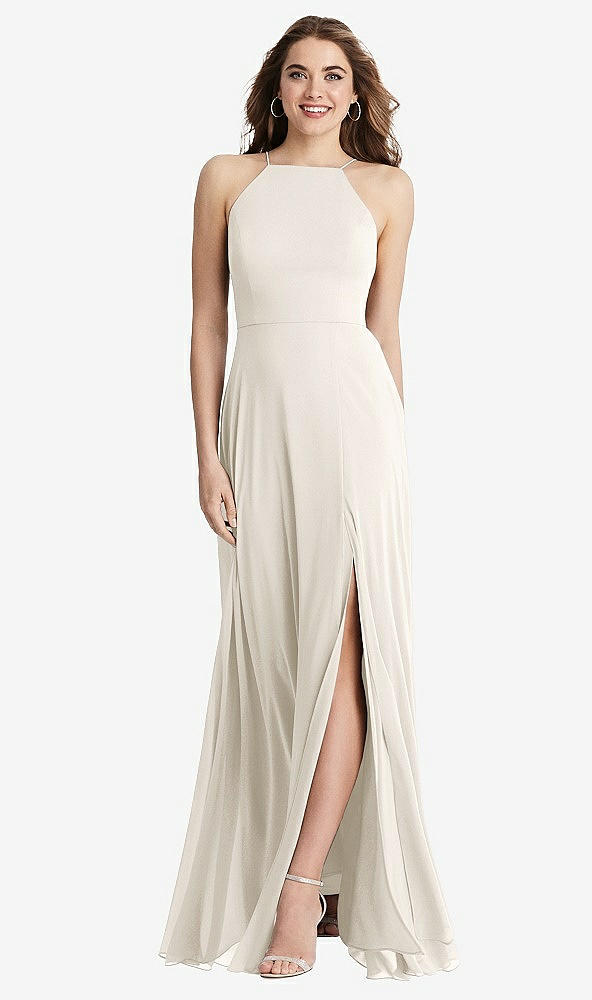 Front View - Ivory High Neck Chiffon Maxi Dress with Front Slit - Lela