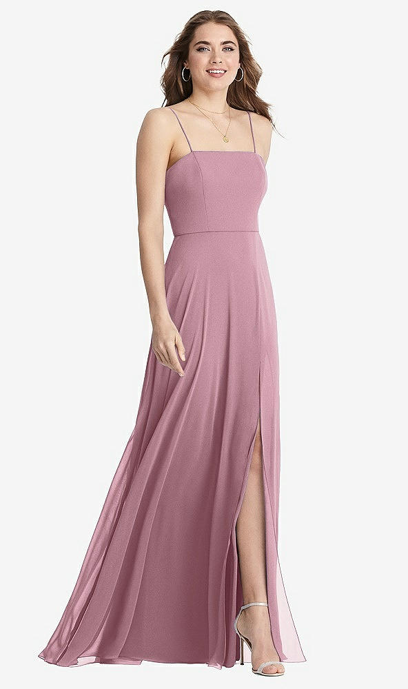 Front View - Dusty Pink Square Neck Chiffon Maxi Dress with Front Slit - Elliott