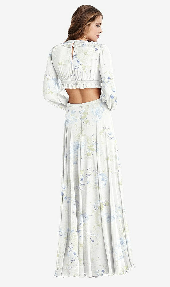 Back View - Bleu Garden Bishop Sleeve Ruffled Chiffon Cutout Maxi Dress - Harlow 