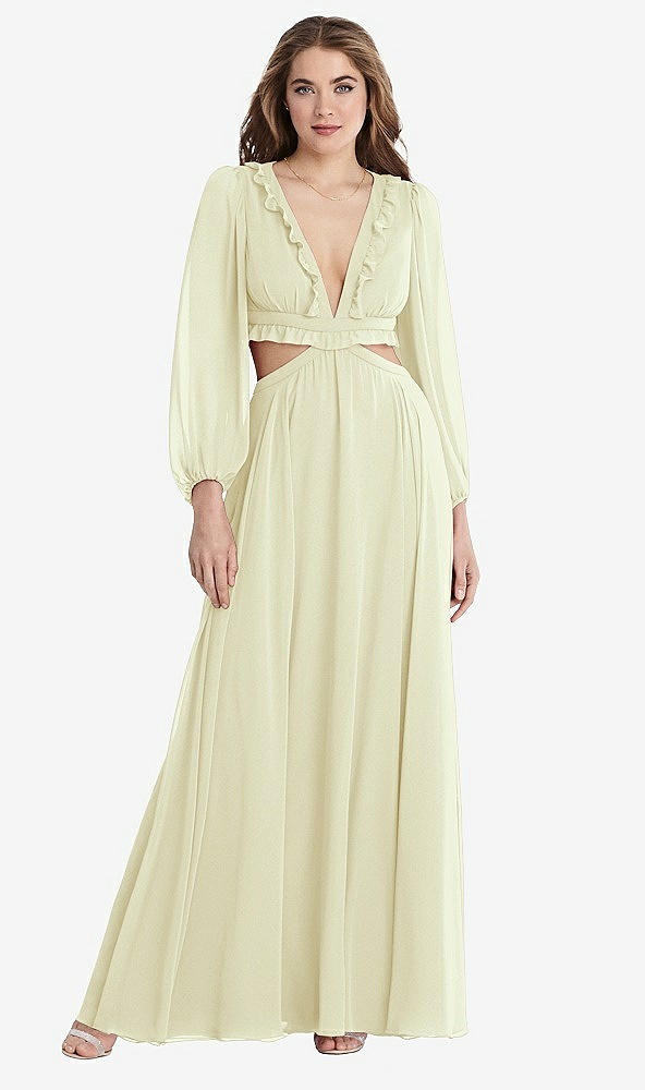 Front View - Butter Yellow Bishop Sleeve Ruffled Chiffon Cutout Maxi Dress - Harlow 