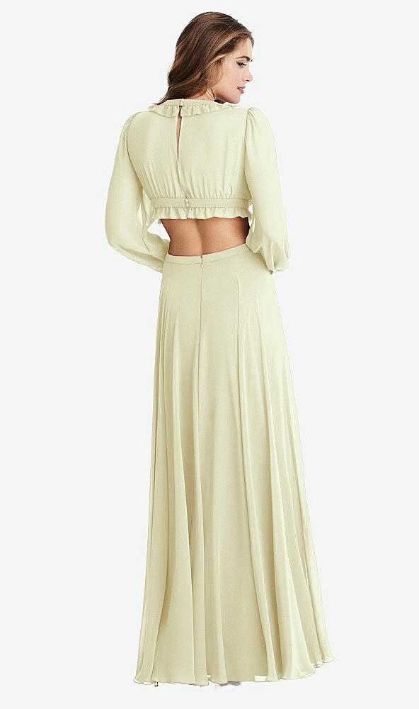 Back View - Butter Yellow Bishop Sleeve Ruffled Chiffon Cutout Maxi Dress - Harlow 