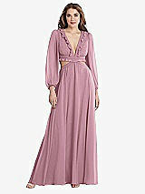 Front View Thumbnail - Dusty Pink Bishop Sleeve Ruffled Chiffon Cutout Maxi Dress - Harlow 