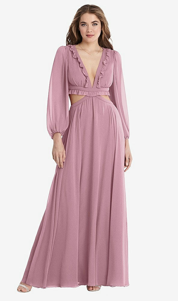 Front View - Dusty Pink Bishop Sleeve Ruffled Chiffon Cutout Maxi Dress - Harlow 