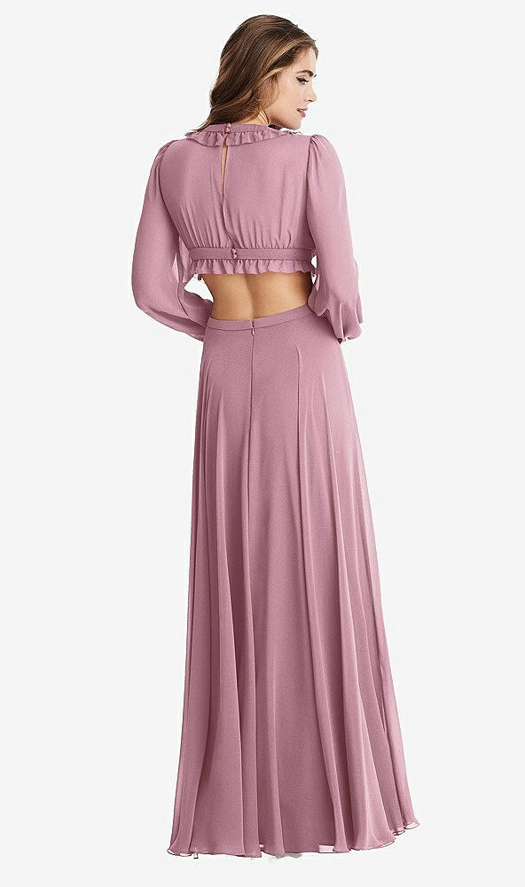 Back View - Dusty Pink Bishop Sleeve Ruffled Chiffon Cutout Maxi Dress - Harlow 