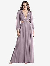 Front View Thumbnail - Lilac Dusk Bishop Sleeve Ruffled Chiffon Cutout Maxi Dress - Harlow 