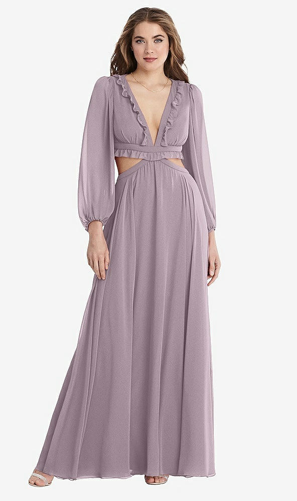 Front View - Lilac Dusk Bishop Sleeve Ruffled Chiffon Cutout Maxi Dress - Harlow 