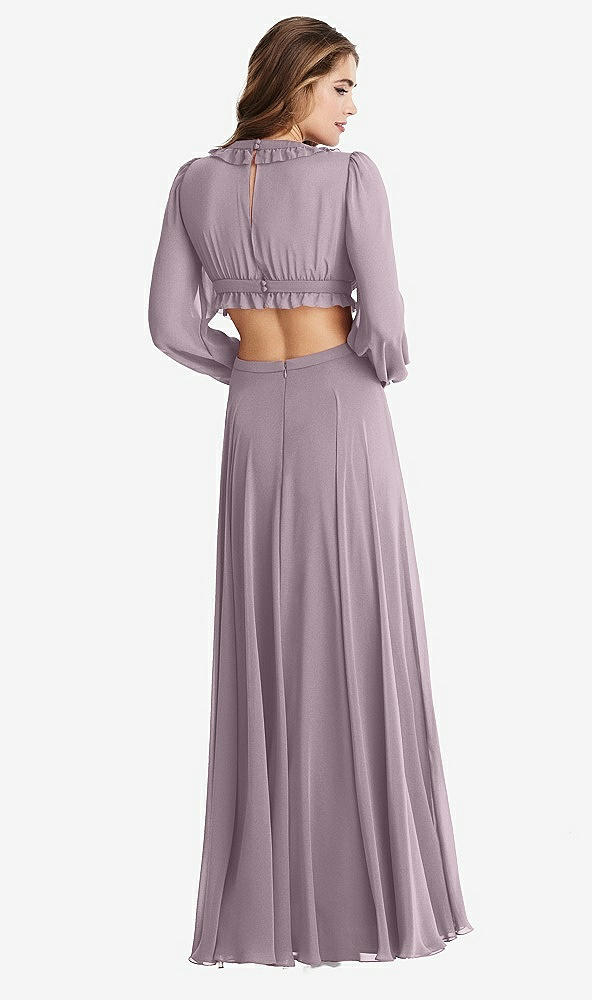 Back View - Lilac Dusk Bishop Sleeve Ruffled Chiffon Cutout Maxi Dress - Harlow 