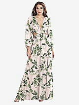 Front View Thumbnail - Palm Beach Print Bishop Sleeve Ruffled Chiffon Cutout Maxi Dress - Harlow 