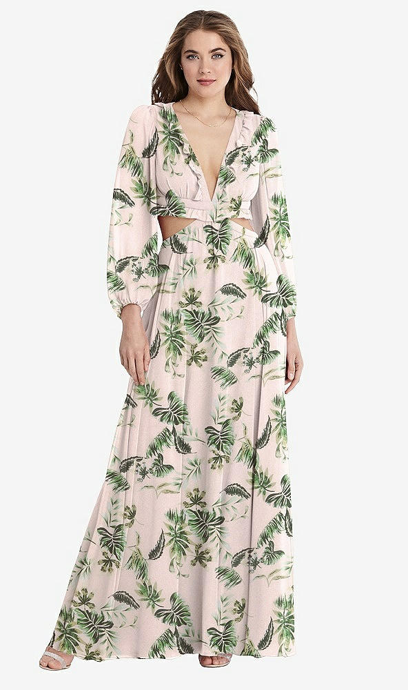 Front View - Palm Beach Print Bishop Sleeve Ruffled Chiffon Cutout Maxi Dress - Harlow 