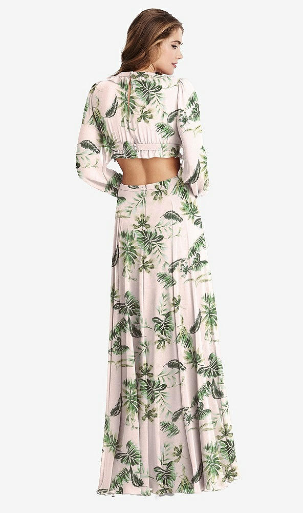 Back View - Palm Beach Print Bishop Sleeve Ruffled Chiffon Cutout Maxi Dress - Harlow 