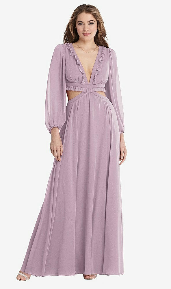 Front View - Suede Rose Bishop Sleeve Ruffled Chiffon Cutout Maxi Dress - Harlow 